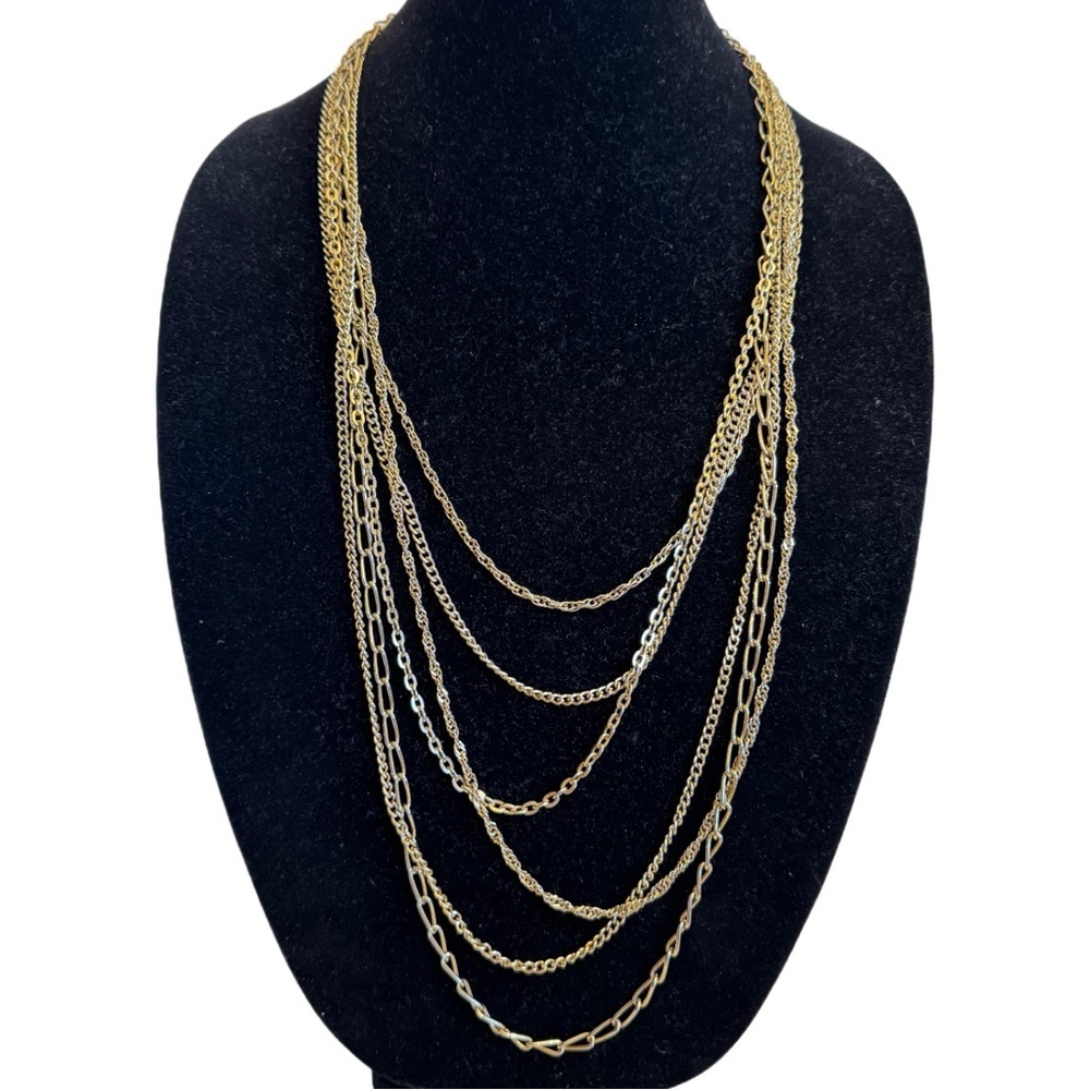 Vintage Multi-Chain Layered Chain Necklace Collar Gold Tone Linked Heavy 1970s